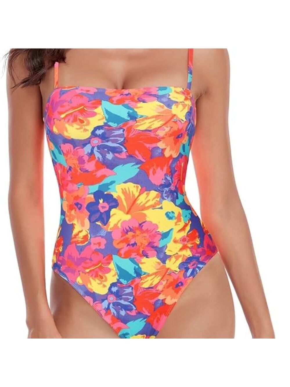 ✨RELLECIGA Floral One-Piece Swimsuit Tropical Pink Yellow Medium NWOT